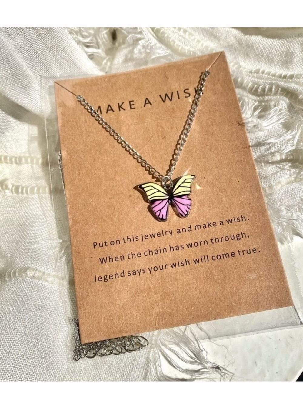 Butterfly Pendant boho Necklace - Pink and Yellow w prairie Country vibe